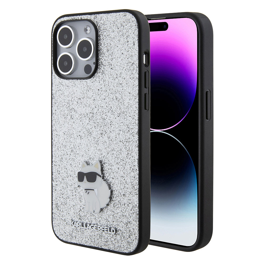 Husa pentru Apple iPhone 15 Pro Max, Karl Lagerfeld, Glitter Fixed Choupette Logo, Argintie