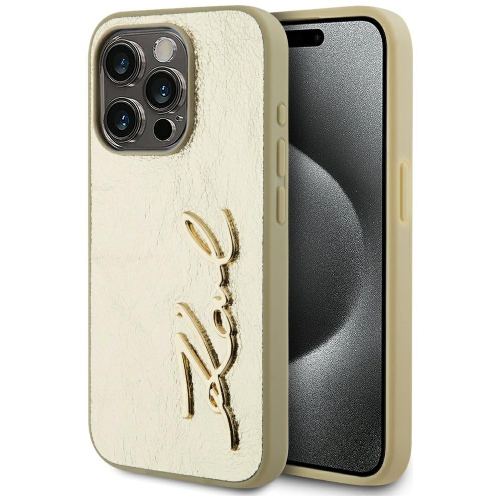 Husa pentru Apple iPhone 15 Pro Max, Karl Lagerfeld, Metal Signature, Aurie
