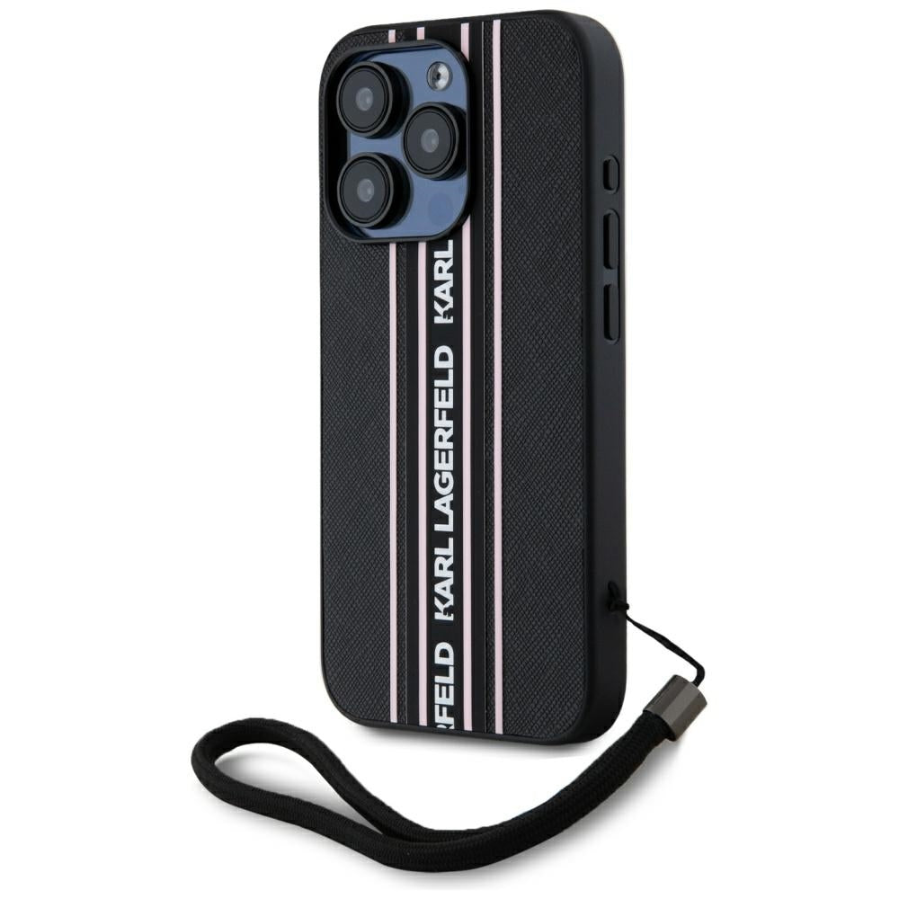Husa pentru Apple iPhone 15 Pro Max, Karl Lagerfeld, Saffiano Athleisure Stripes with Strap, Roz