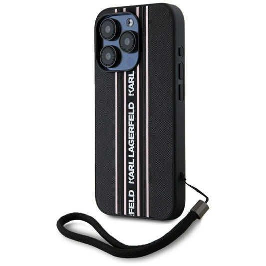 Husa pentru Apple iPhone 15 Pro Max, Karl Lagerfeld, Saffiano Athleisure Stripes with Strap, Roz