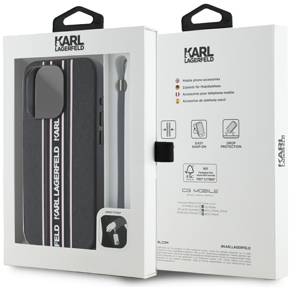 Husa pentru Apple iPhone 15 Pro Max, Karl Lagerfeld, Saffiano Athleisure Stripes with Strap, Roz