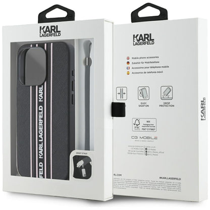 Husa pentru Apple iPhone 15 Pro Max, Karl Lagerfeld, Saffiano Athleisure Stripes with Strap, Roz