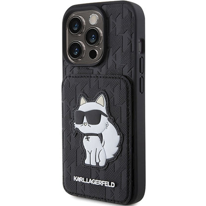 Husa pentru Apple iPhone 15 Pro Max, Karl Lagerfeld, Saffiano Cardslots and Stand Monogram Choupette, Neagra
