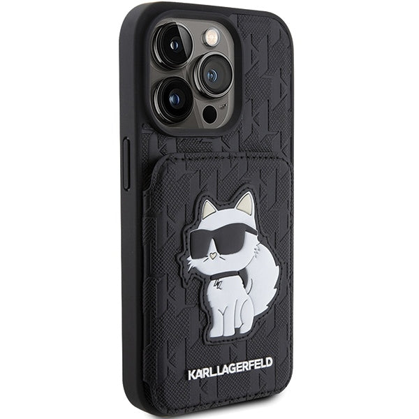 Husa pentru Apple iPhone 15 Pro Max, Karl Lagerfeld, Saffiano Cardslots and Stand Monogram Choupette, Neagra