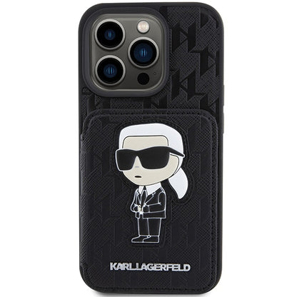 Husa pentru Apple iPhone 15 Pro Max, Karl Lagerfeld, Saffiano Cardslots and Stand Monogram Ikonik Karl, Neagra