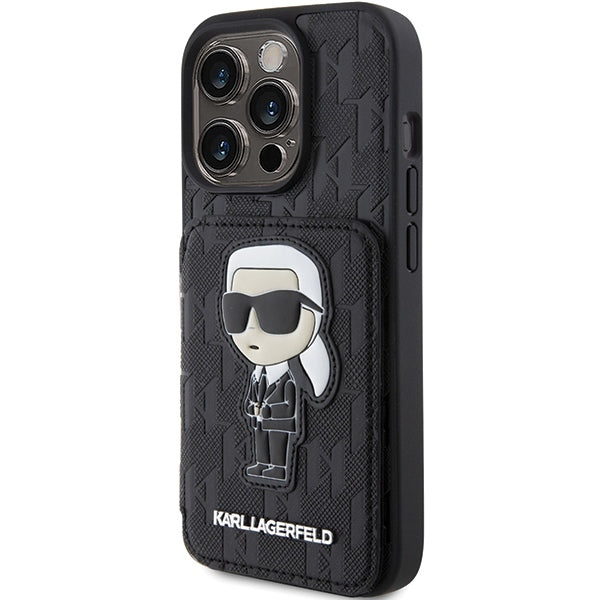 Husa pentru Apple iPhone 15 Pro Max, Karl Lagerfeld, Saffiano Cardslots and Stand Monogram Ikonik Karl, Neagra