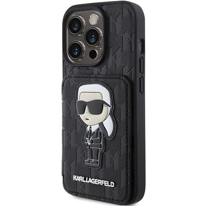 Husa pentru Apple iPhone 15 Pro Max, Karl Lagerfeld, Saffiano Cardslots and Stand Monogram Ikonik Karl, Neagra