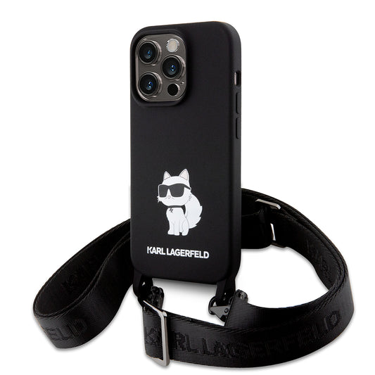 Husa pentru Apple iPhone 15 Pro Max, Karl Lagerfeld, Silicone Crossbody Choupette, Neagra