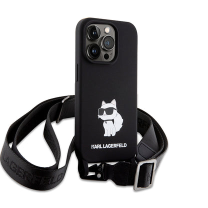 Husa pentru Apple iPhone 15 Pro Max, Karl Lagerfeld, Silicone Crossbody Ikonik Karl, Neagra