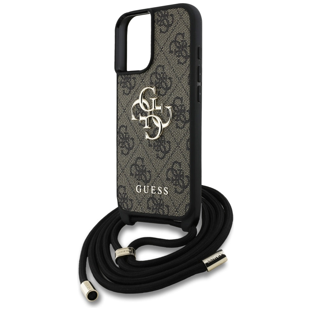 Husa pentru Apple iPhone 16, Guess, 4G CBDY Big Logo with Cord Strap, Maro