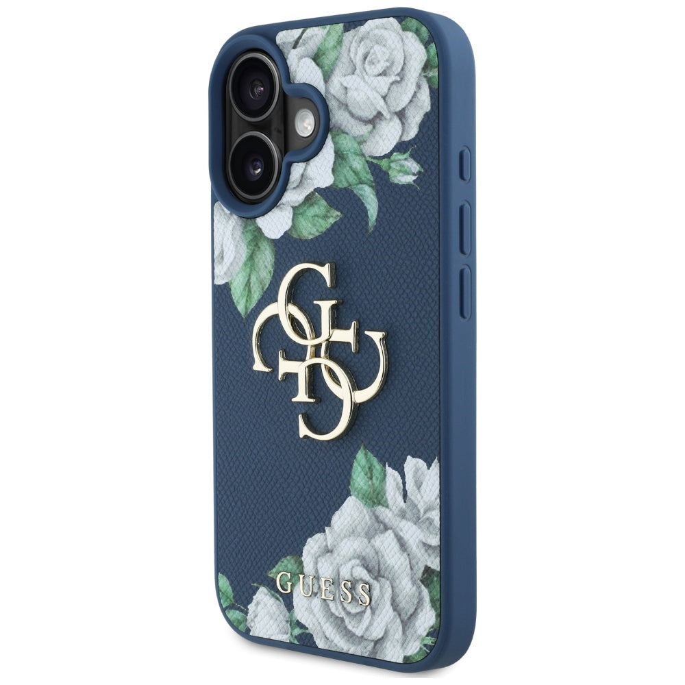 Husa pentru Apple iPhone 16, Guess, 4G Grained Roses Big Logo, Albastra