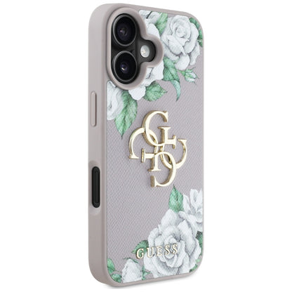 Husa pentru Apple iPhone 16, Guess, 4G Grained Roses Big Logo, Mov