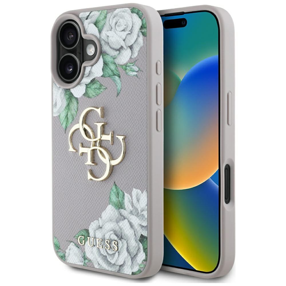 Husa pentru Apple iPhone 16, Guess, 4G Grained Roses Big Logo, Mov