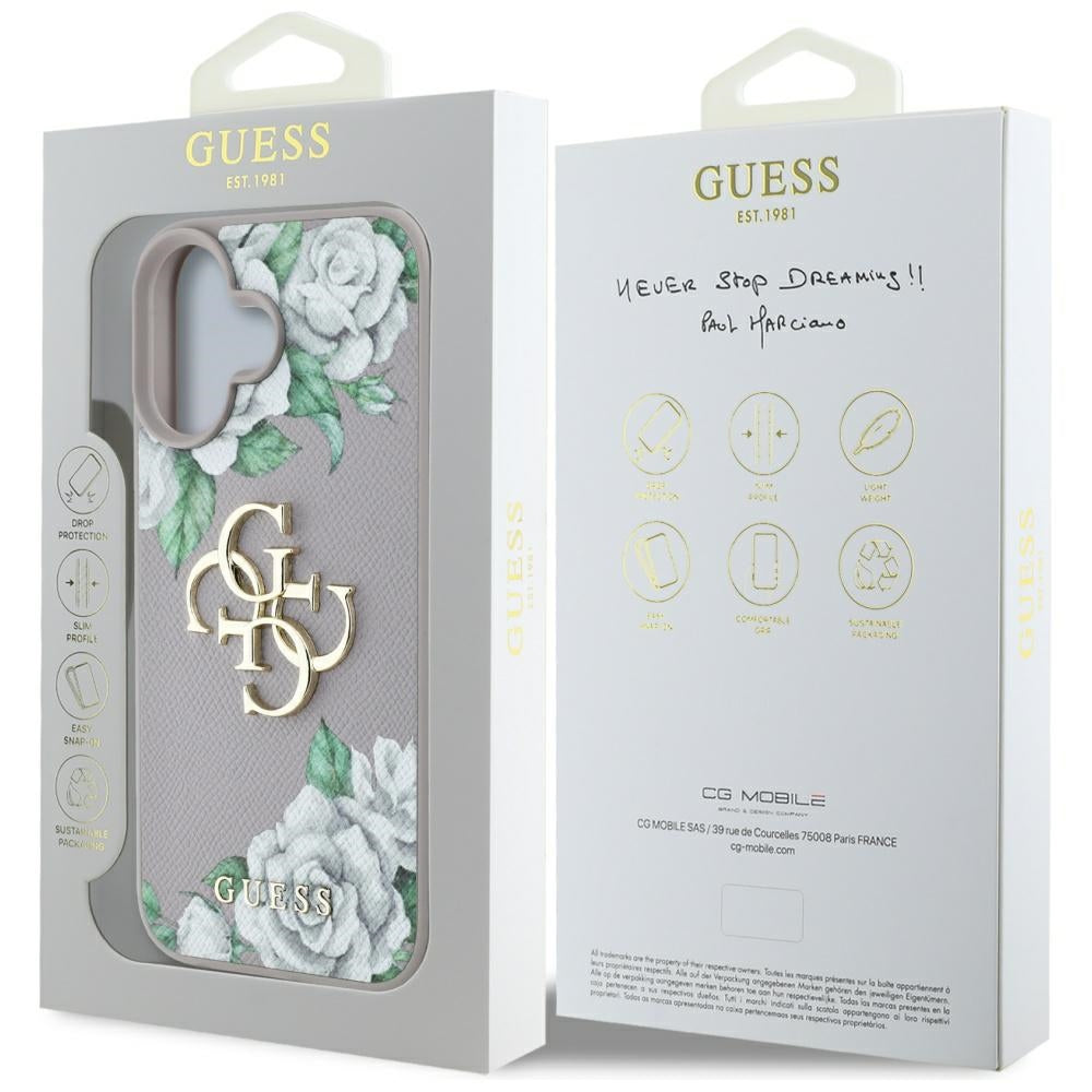 Husa pentru Apple iPhone 16, Guess, 4G Grained Roses Big Logo, Mov