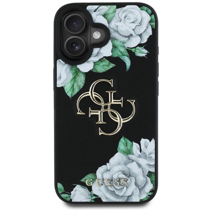 Husa pentru Apple iPhone 16, Guess, 4G Grained Roses Big Logo, Neagra