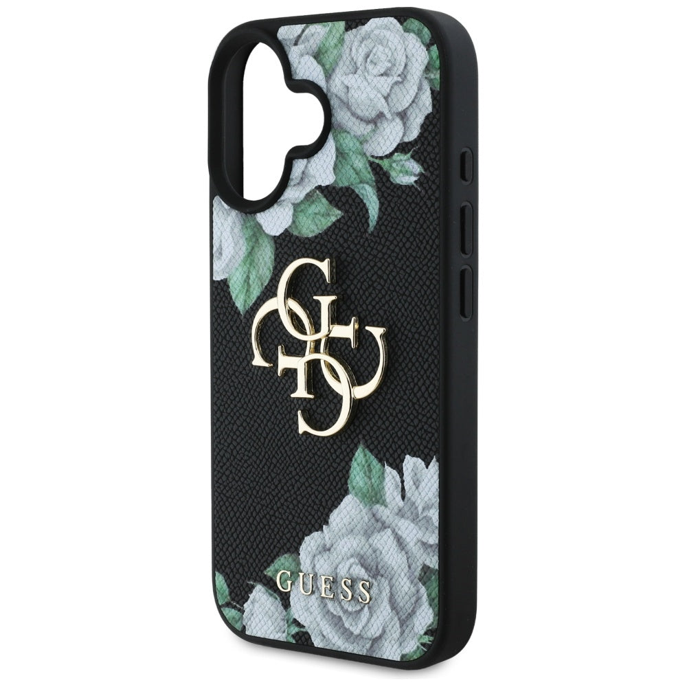 Husa pentru Apple iPhone 16, Guess, 4G Grained Roses Big Logo, Neagra