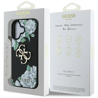 Husa pentru Apple iPhone 16, Guess, 4G Grained Roses Big Logo, Neagra