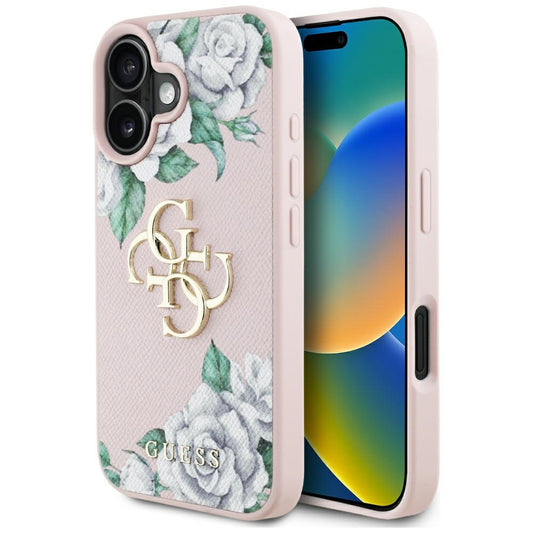 Husa pentru Apple iPhone 16, Guess, 4G Grained Roses Big Logo, Roz