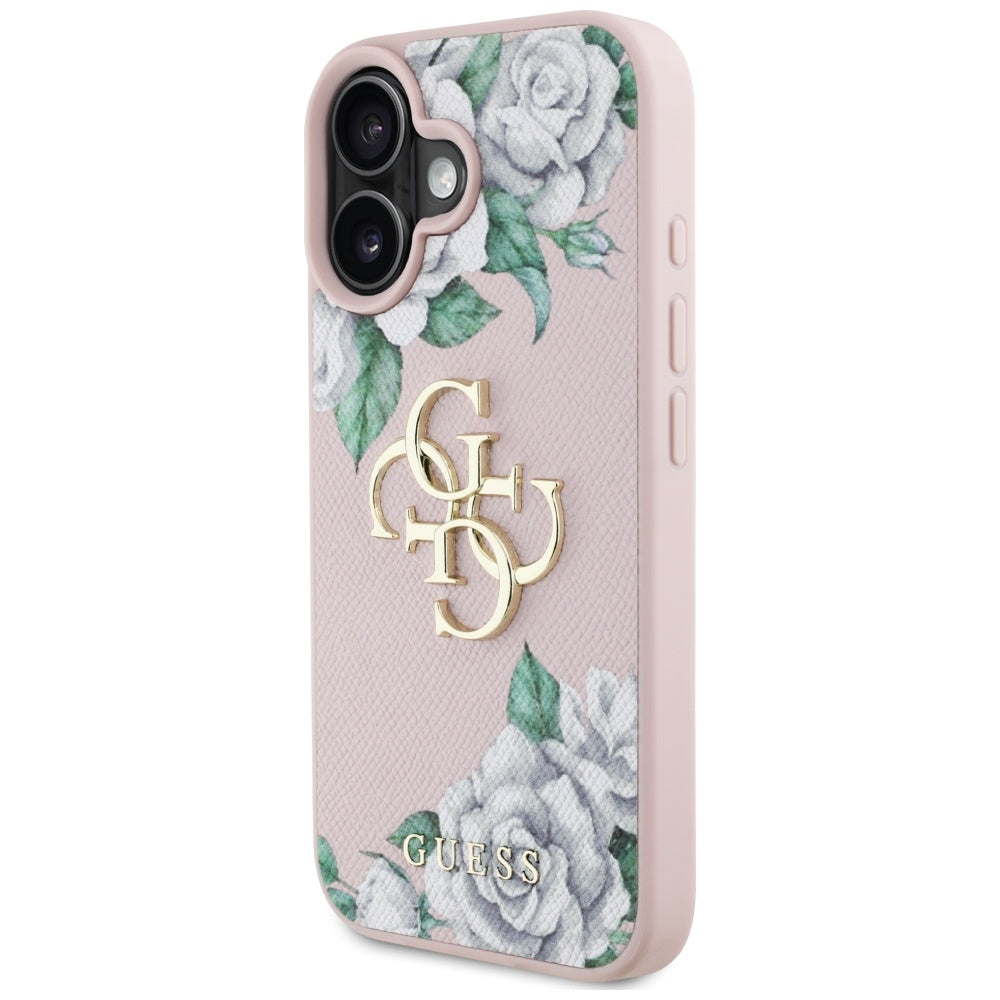 Husa pentru Apple iPhone 16, Guess, 4G Grained Roses Big Logo, Roz