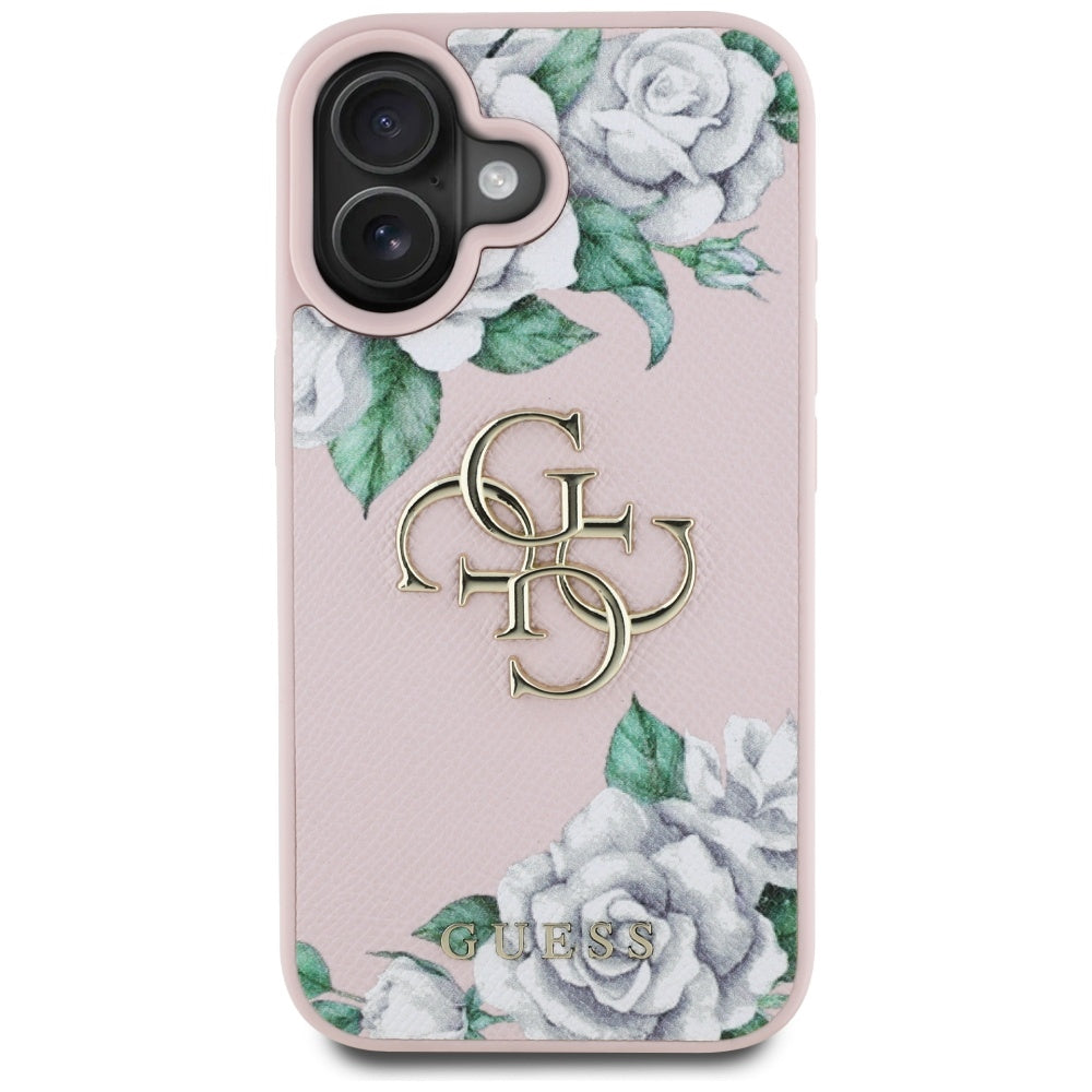 Husa pentru Apple iPhone 16, Guess, 4G Grained Roses Big Logo, Roz