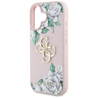 Husa pentru Apple iPhone 16, Guess, 4G Grained Roses Big Logo, Roz