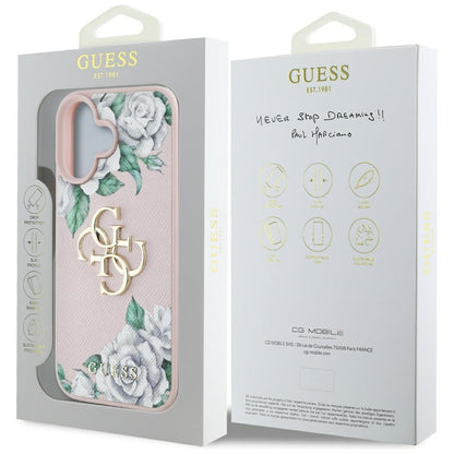 Husa pentru Apple iPhone 16, Guess, 4G Grained Roses Big Logo, Roz