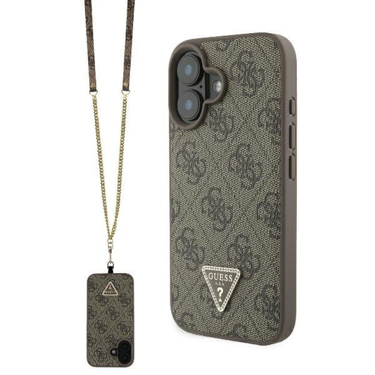 Husa pentru Apple iPhone 16, Guess, Crossbody 4G Triangle Strass, Maro