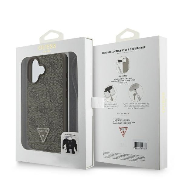 Husa pentru Apple iPhone 16, Guess, Crossbody 4G Triangle Strass, Maro