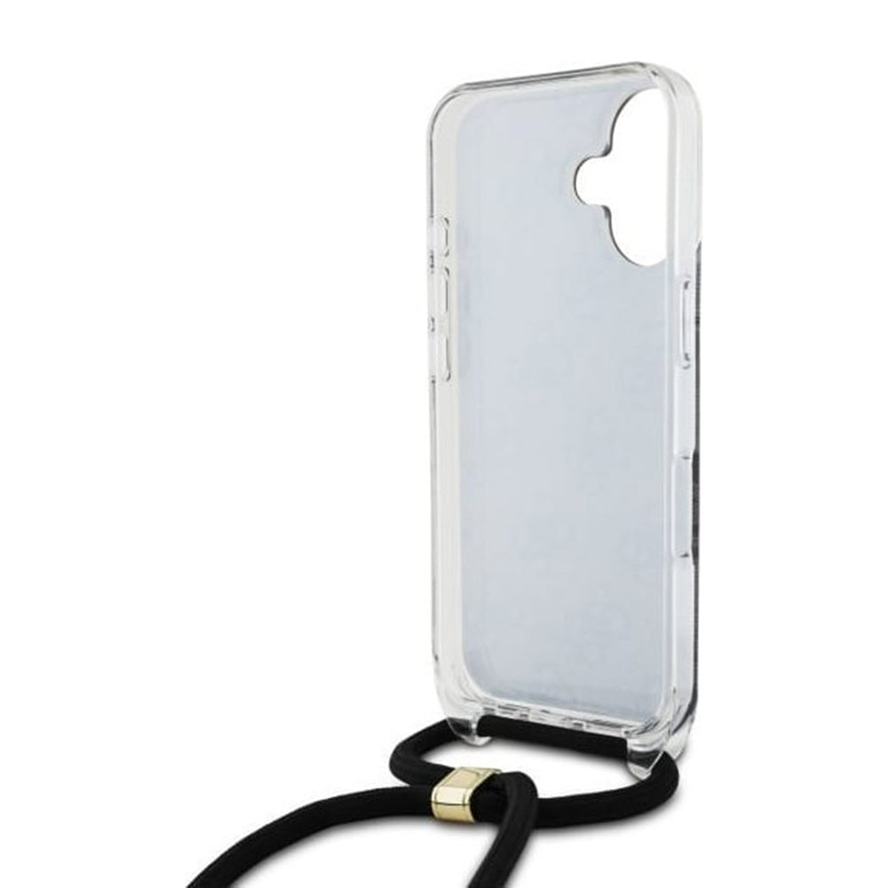 Husa pentru Apple iPhone 16, Guess, Crossbody Cord 4G Print, Neagra