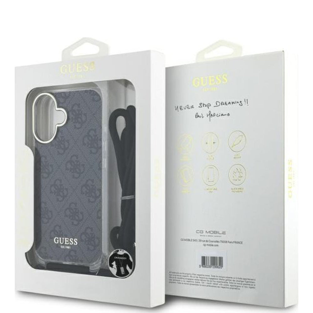 Husa pentru Apple iPhone 16, Guess, Crossbody Cord 4G Print, Neagra