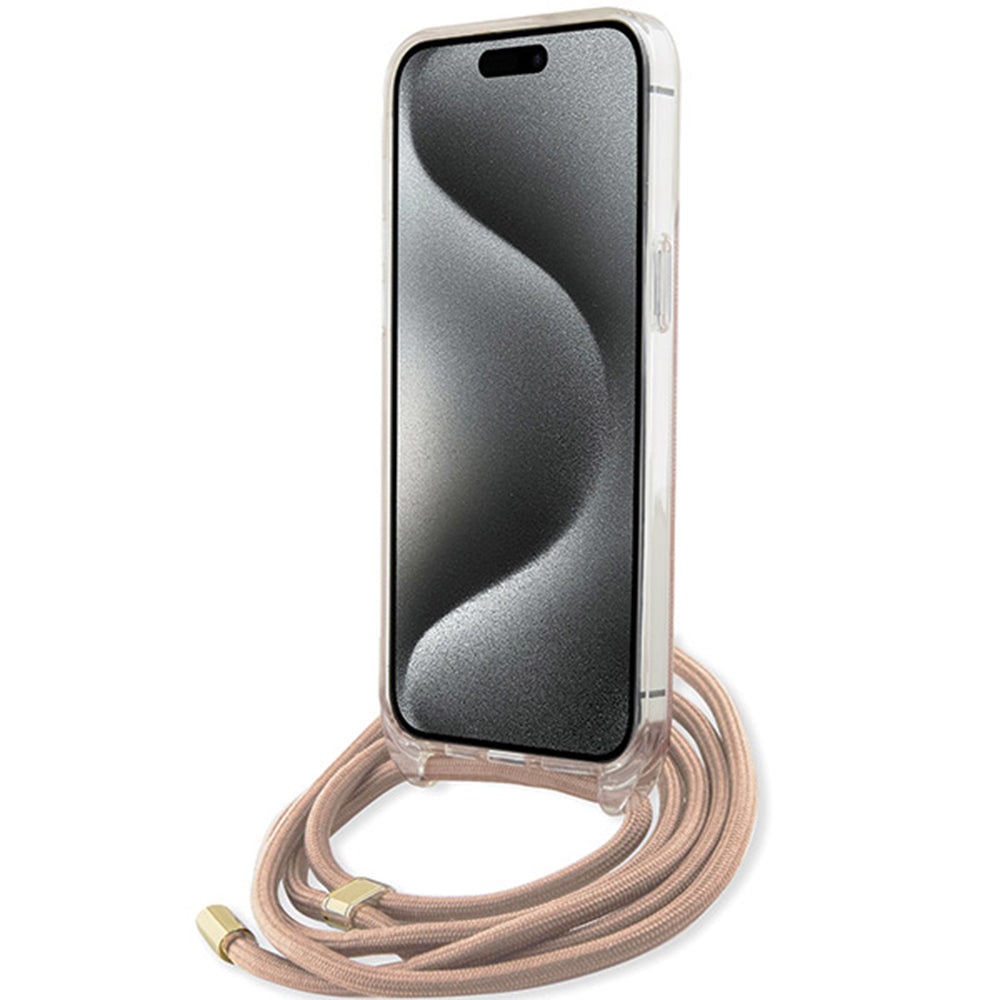 Husa pentru Apple iPhone 16, Guess, Crossbody Cord 4G Print, Roz