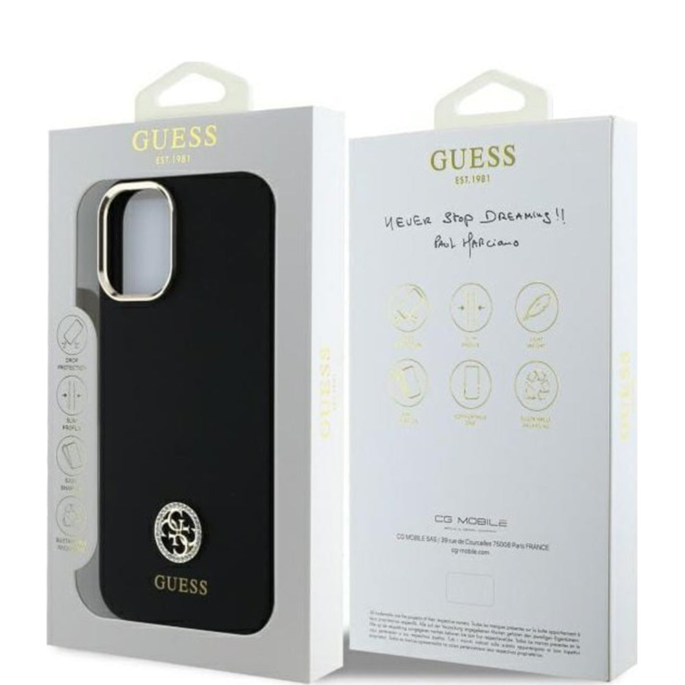 Husa pentru Apple iPhone 16, Guess, Logo Strass 4G, Neagra