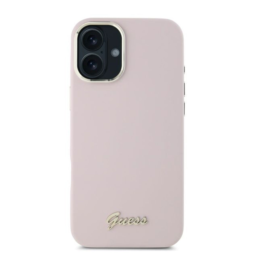 Husa pentru Apple iPhone 16, Guess, Script Metal Logo & Frame, Roz