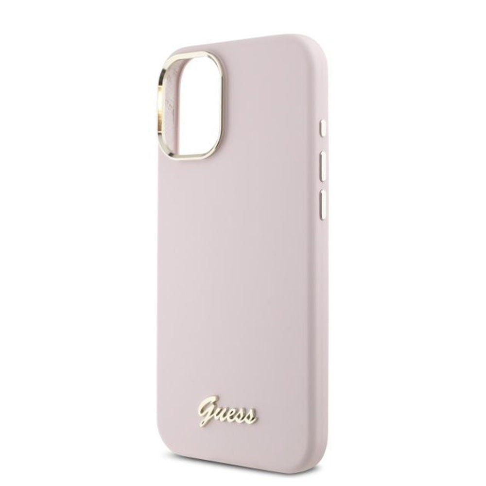 Husa pentru Apple iPhone 16, Guess, Script Metal Logo & Frame, Roz