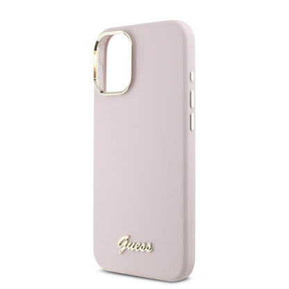 Husa pentru Apple iPhone 16, Guess, Script Metal Logo & Frame, Roz