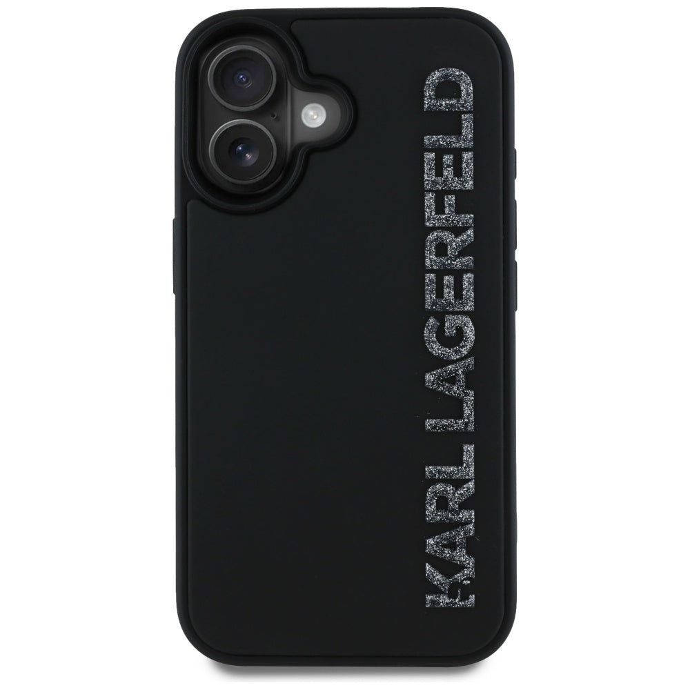 Husa pentru Apple iPhone 16, Karl Lagerfeld, 3D Rubber Elongated Gliiter Logo, Neagra
