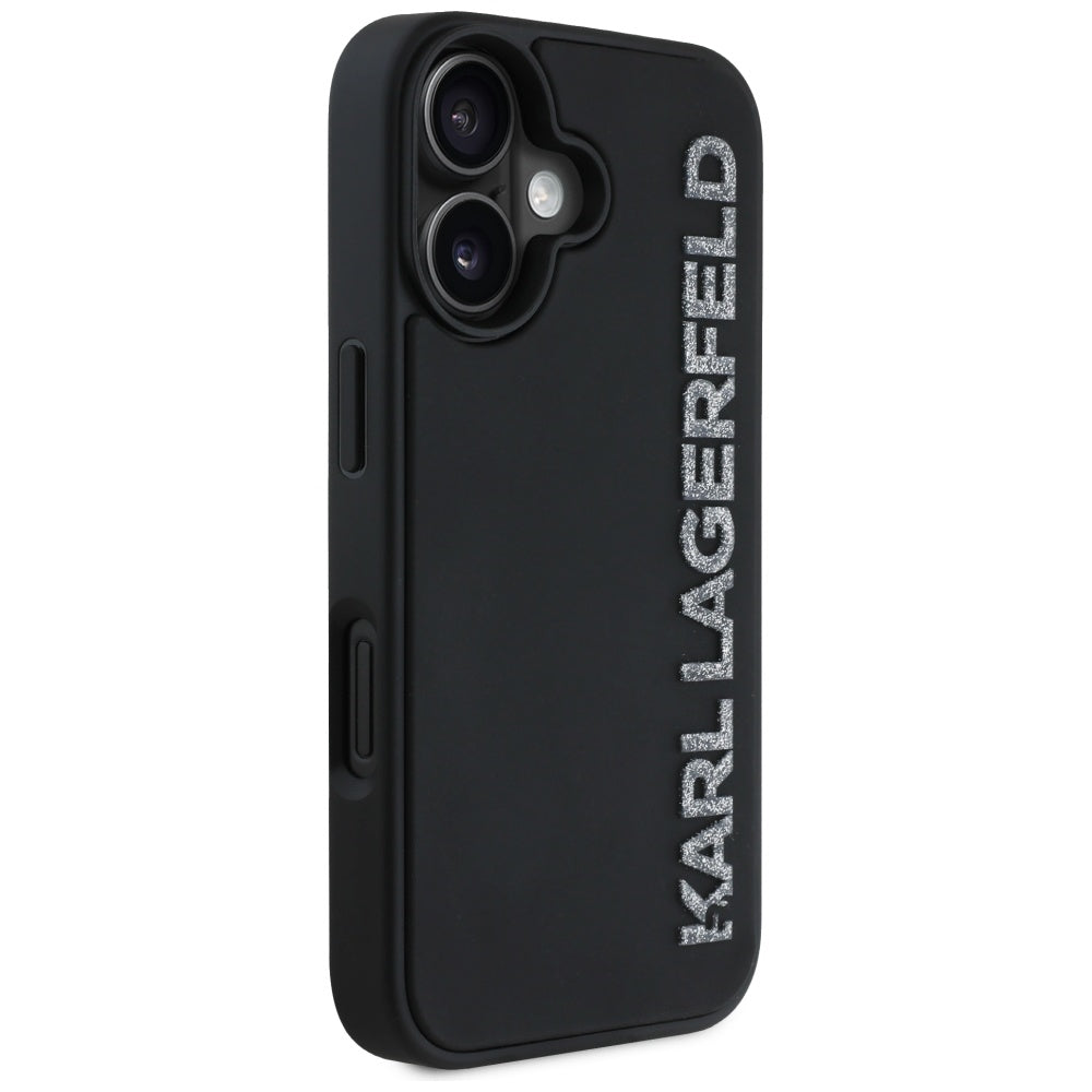Husa pentru Apple iPhone 16, Karl Lagerfeld, 3D Rubber Elongated Gliiter Logo, Neagra