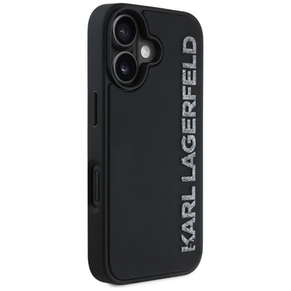 Husa pentru Apple iPhone 16, Karl Lagerfeld, 3D Rubber Elongated Gliiter Logo, Neagra