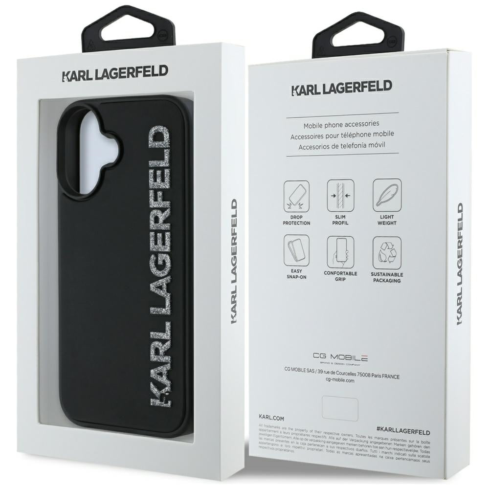Husa pentru Apple iPhone 16, Karl Lagerfeld, 3D Rubber Elongated Gliiter Logo, Neagra