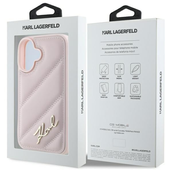 Husa pentru Apple iPhone 16, Karl Lagerfeld, Diagonal Quilted Script, Roz