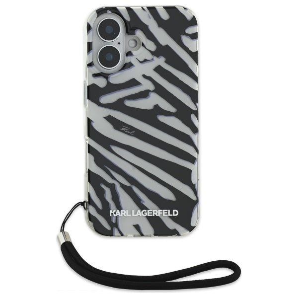 Husa pentru Apple iPhone 16, Karl Lagerfeld, IML Luxury Zebra Pattern with Strap, Neagra