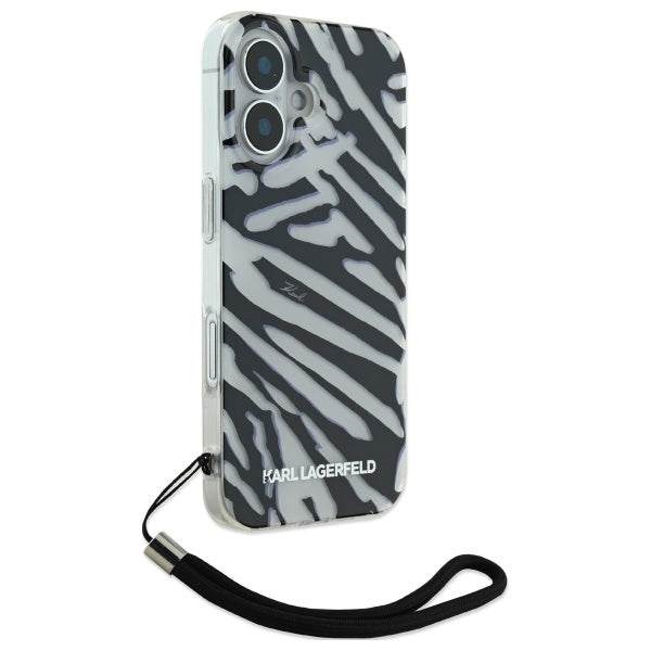 Husa pentru Apple iPhone 16, Karl Lagerfeld, IML Luxury Zebra Pattern with Strap, Neagra