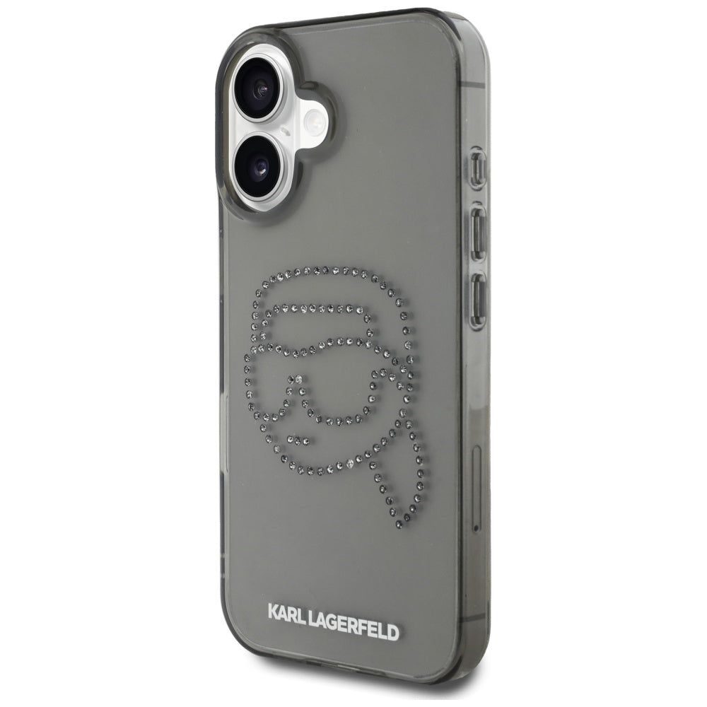 Husa pentru Apple iPhone 16, Karl Lagerfeld, IML Rhinestones Karl's Head, Neagra