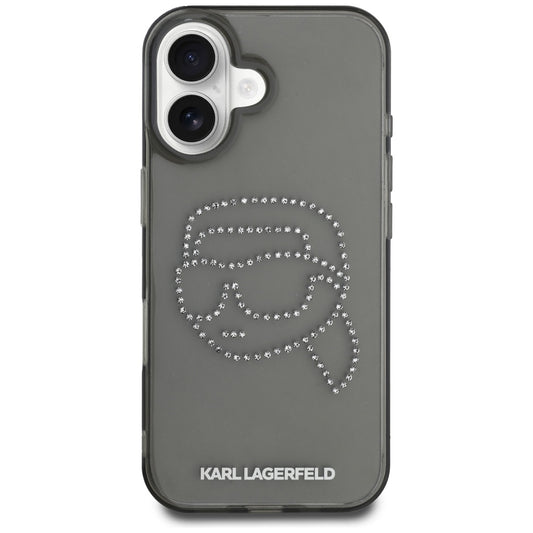 Husa pentru Apple iPhone 16, Karl Lagerfeld, IML Rhinestones Karl's Head, Neagra