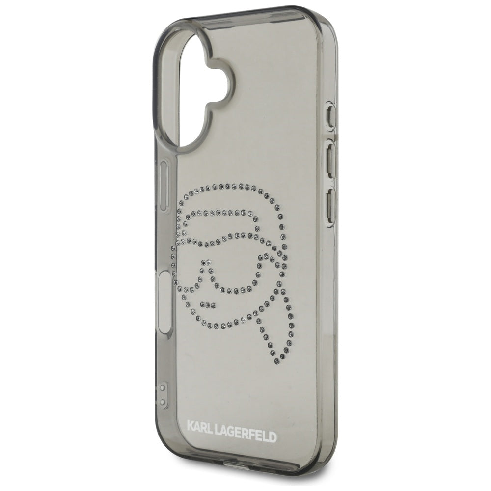 Husa pentru Apple iPhone 16, Karl Lagerfeld, IML Rhinestones Karl's Head, Neagra