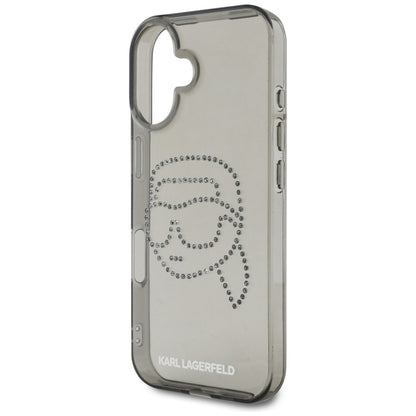 Husa pentru Apple iPhone 16, Karl Lagerfeld, IML Rhinestones Karl's Head, Neagra