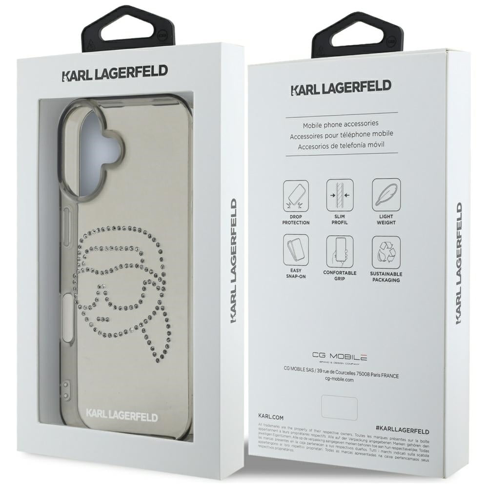 Husa pentru Apple iPhone 16, Karl Lagerfeld, IML Rhinestones Karl's Head, Neagra