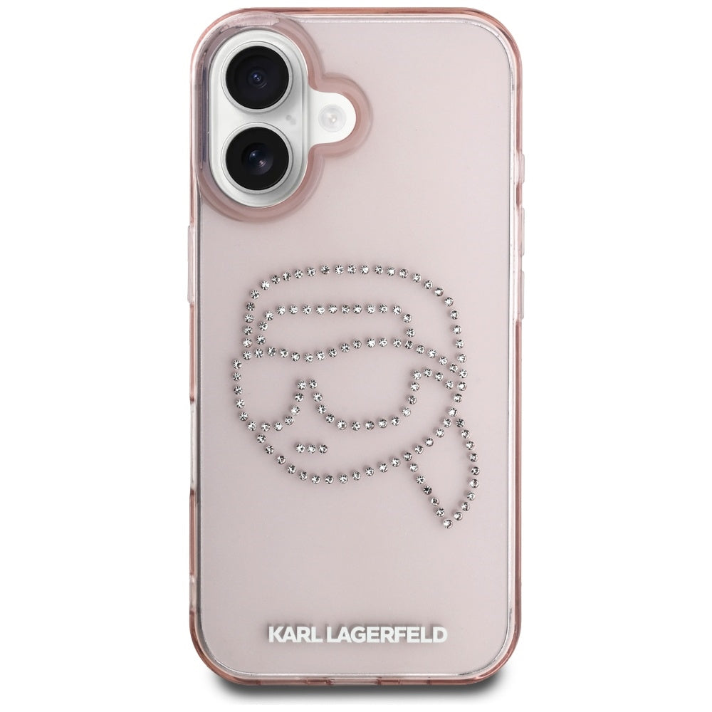 Husa pentru Apple iPhone 16, Karl Lagerfeld, IML Rhinestones Karl's Head, Roz