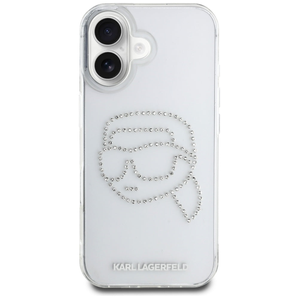 Husa pentru Apple iPhone 16, Karl Lagerfeld, IML Rhinestones Karl's Head, Transparenta