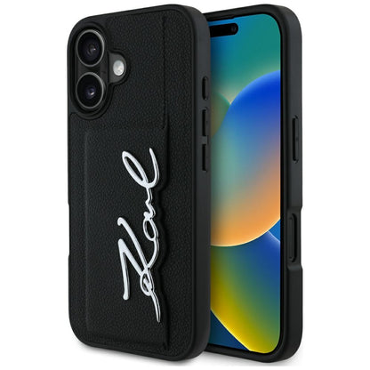 Husa pentru Apple iPhone 16, Karl Lagerfeld, Metal Signature, Neagra